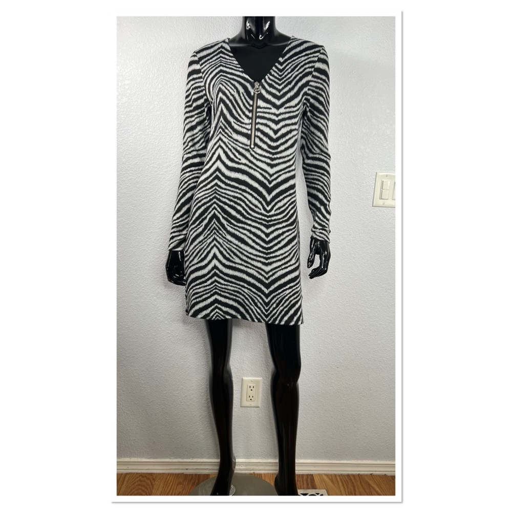 Michael Kors Zebra Print Knee Length Dress 1/4 Front Zip Sz S Polyester Blend